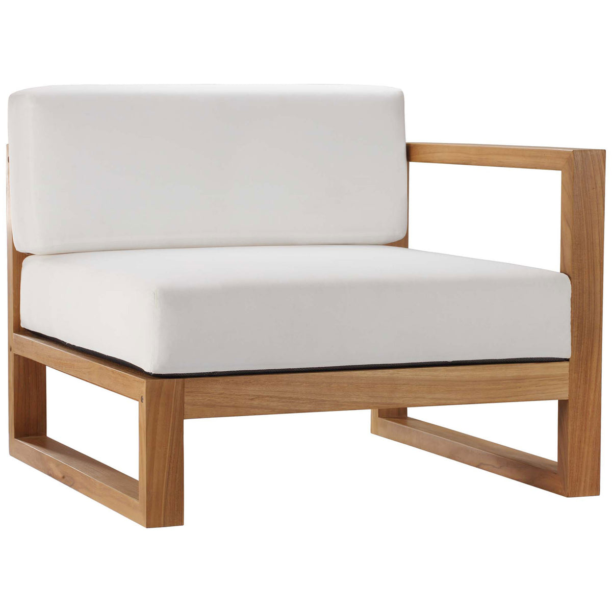 Right-arm teak patio chair module featuring a boxy open frame and deep white seat cushions || EEI-4255-NAT-WHI-SET || front_angle_partial_studio