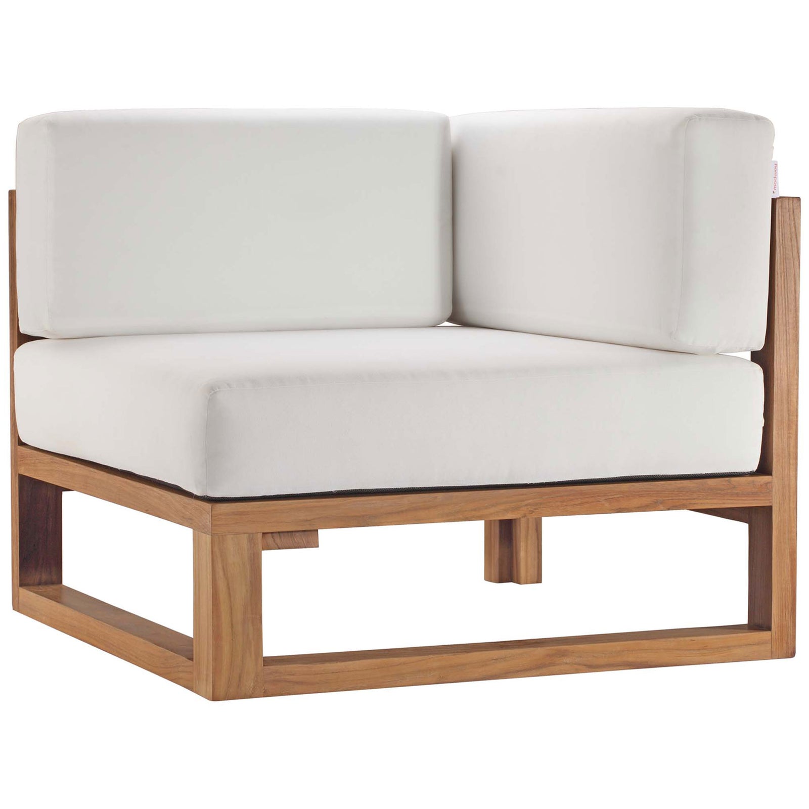 Corner teak sectional chair with wraparound back and seat cushions creating a cozy nook || EEI-4255-NAT-WHI-SET || front_angle_partial_studio