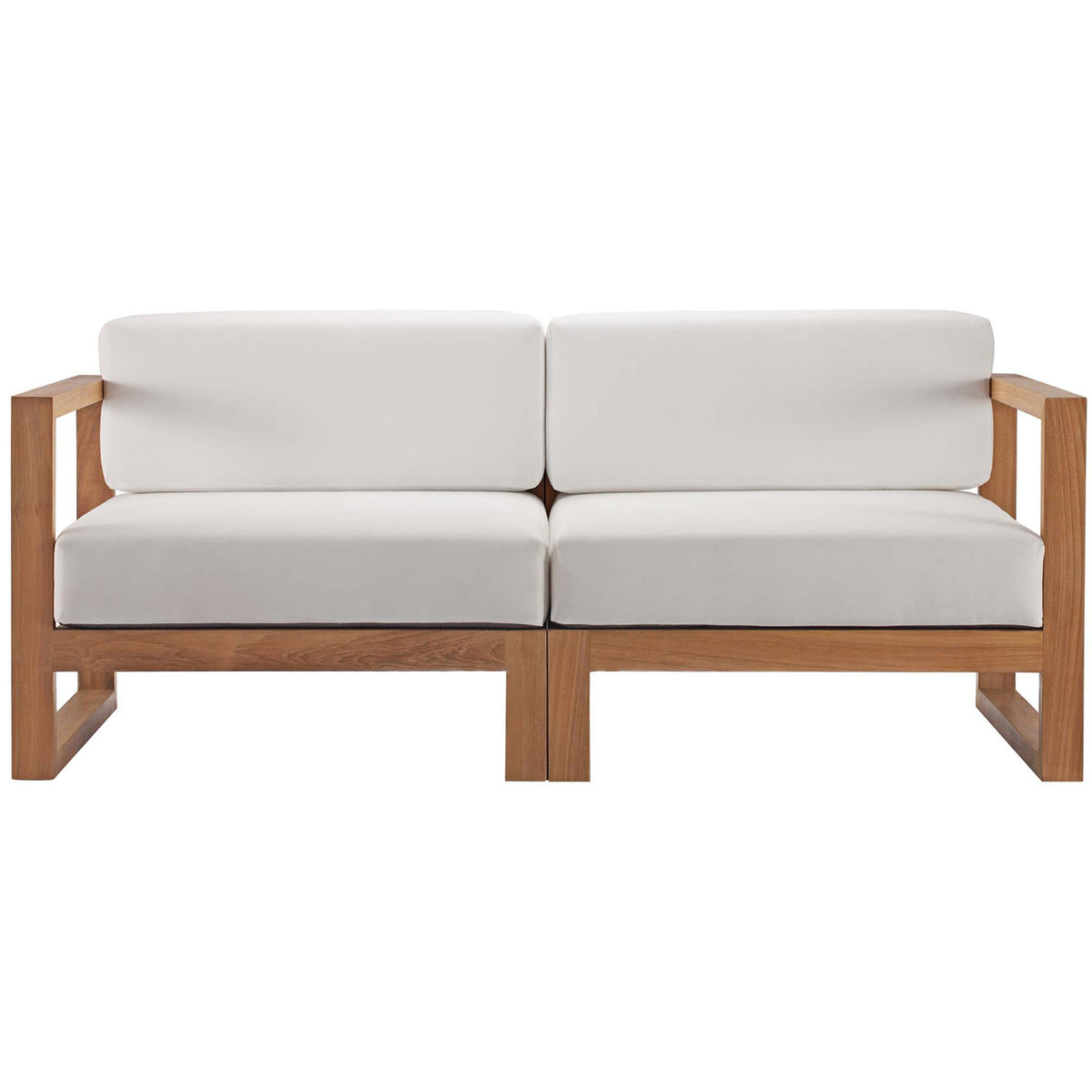 Modern teak outdoor loveseat with boxy frame and thick white weather resistant cushions || EEI-4256-NAT-WHI-SET || front_studio