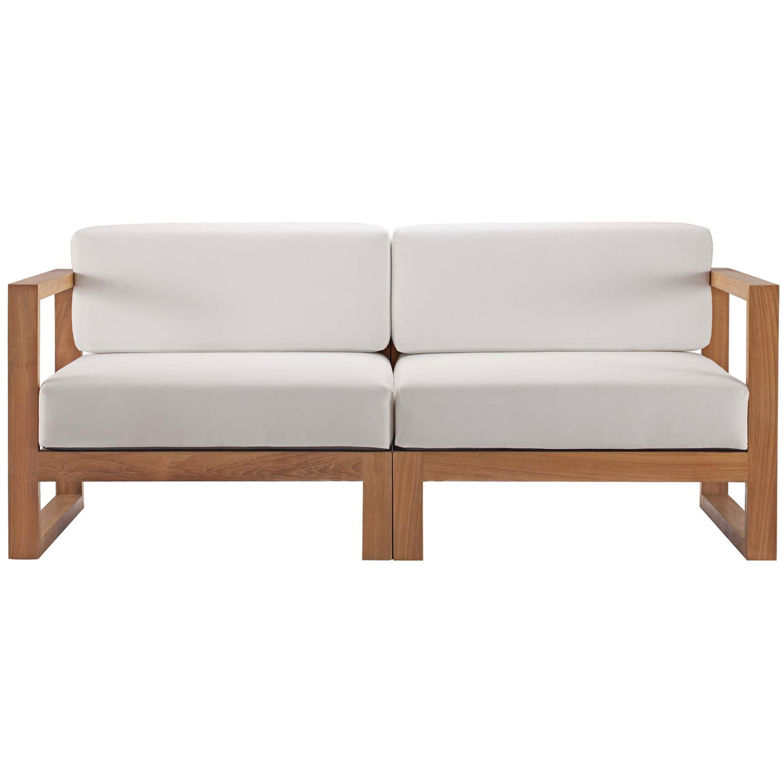 Modern teak outdoor loveseat with boxy frame and thick white weather resistant cushions || EEI-4256-NAT-WHI-SET || front_studio