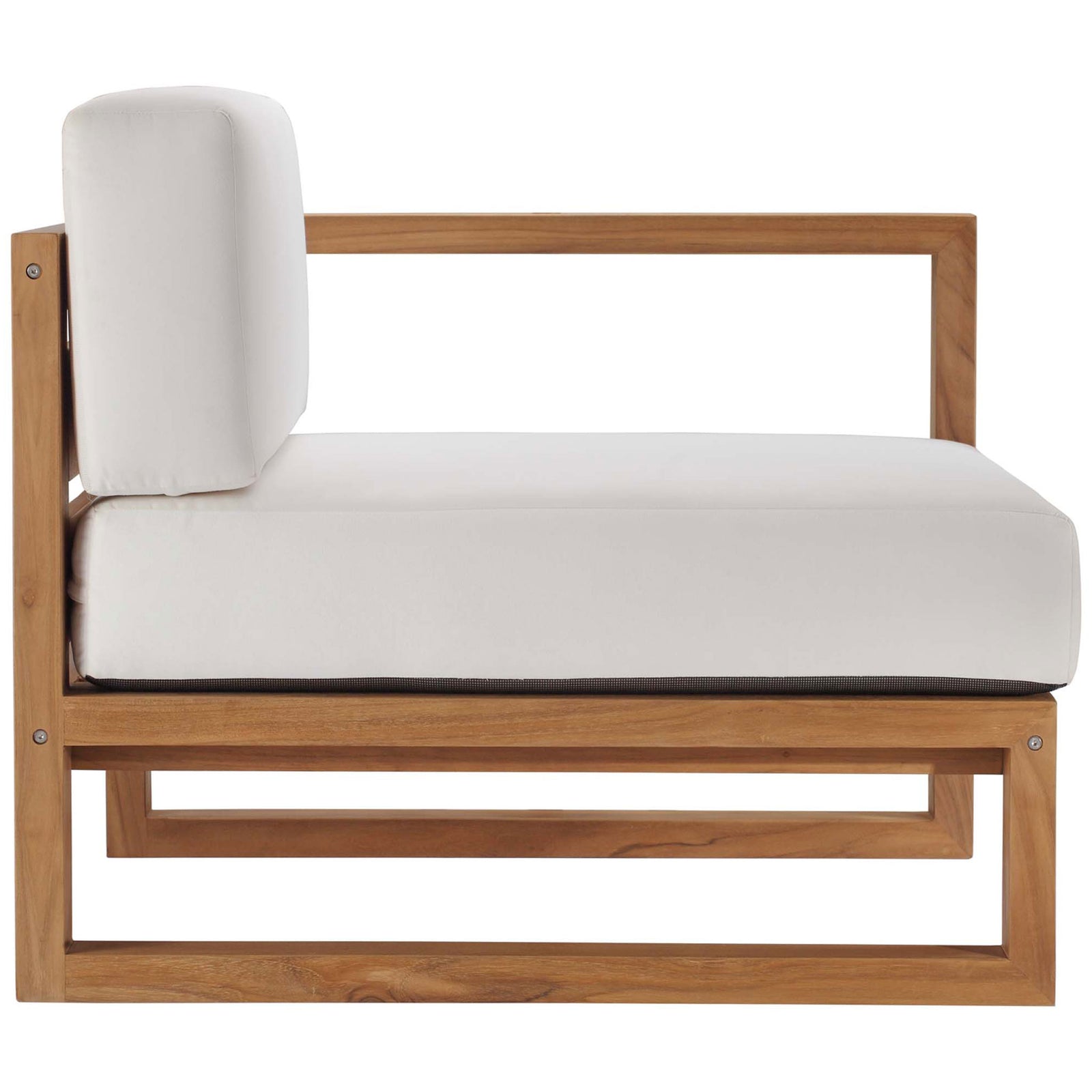 Teak sectional chair showing low armrest and thick white seat and back cushions || EEI-4256-NAT-WHI-SET || side_partial_studio