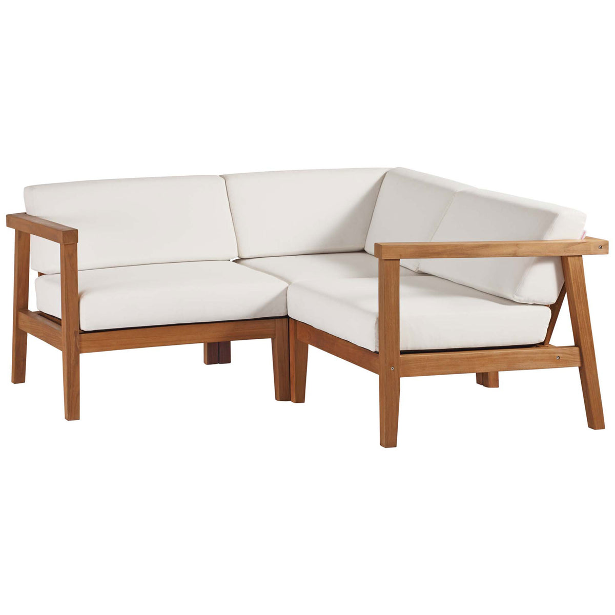 Teak outdoor sectional sofa with slatted frame and thick white cushions for corner patio seating || EEI-4258-NAT-WHI-SET || front_angle_studio