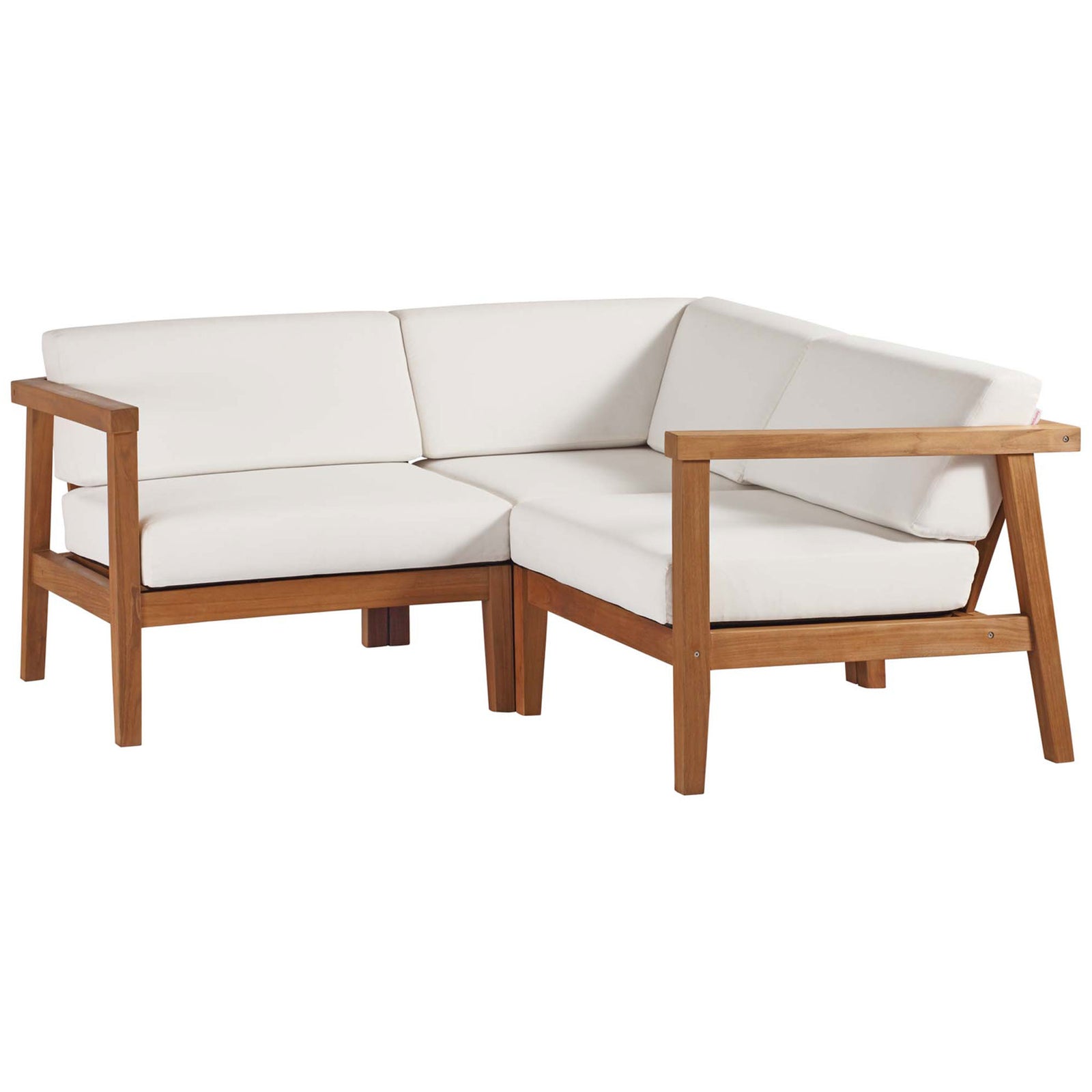 Teak outdoor sectional sofa with slatted frame and thick white cushions for corner patio seating || EEI-4258-NAT-WHI-SET || front_angle_studio