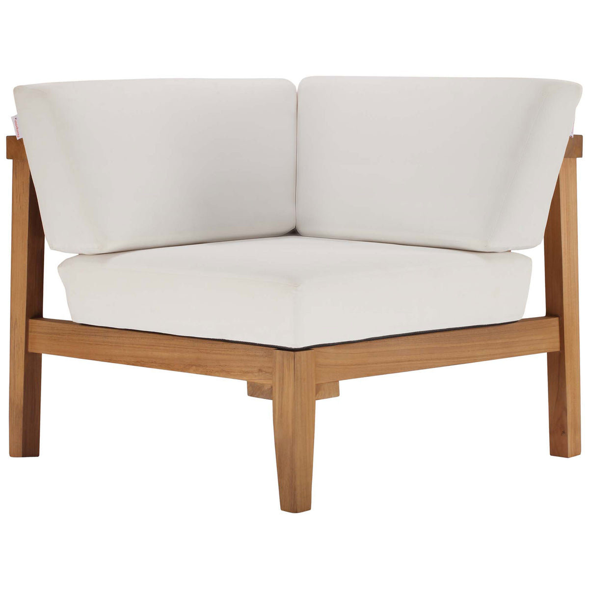 Teak corner chair module with wide white cushions and open slatted backrest || EEI-4258-NAT-WHI-SET || front_partial_studio