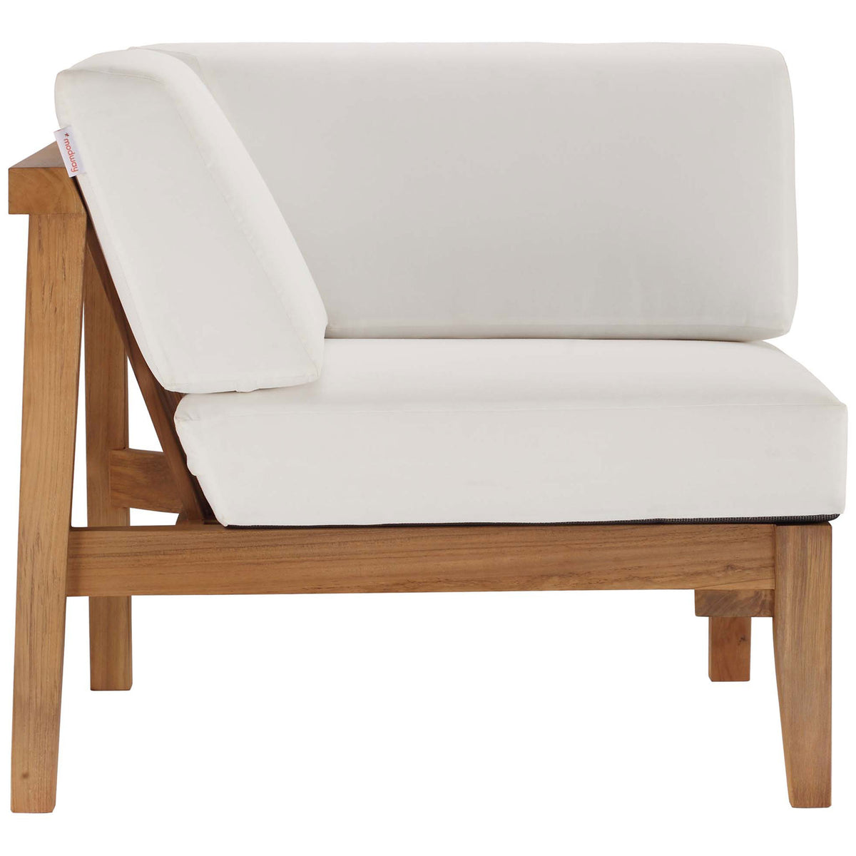 Side view of corner chair showing angled teak frame and supportive seat and back cushions || EEI-4258-NAT-WHI-SET || side_partial_studio
