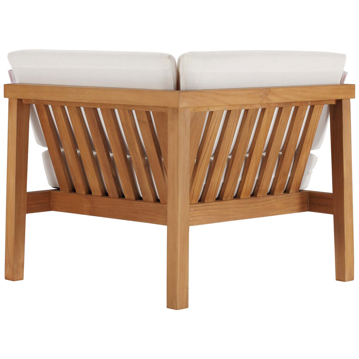 Back view of teak corner seat with modern slatted design and crisp white cushions || EEI-4258-NAT-WHI-SET || back_partial_studio