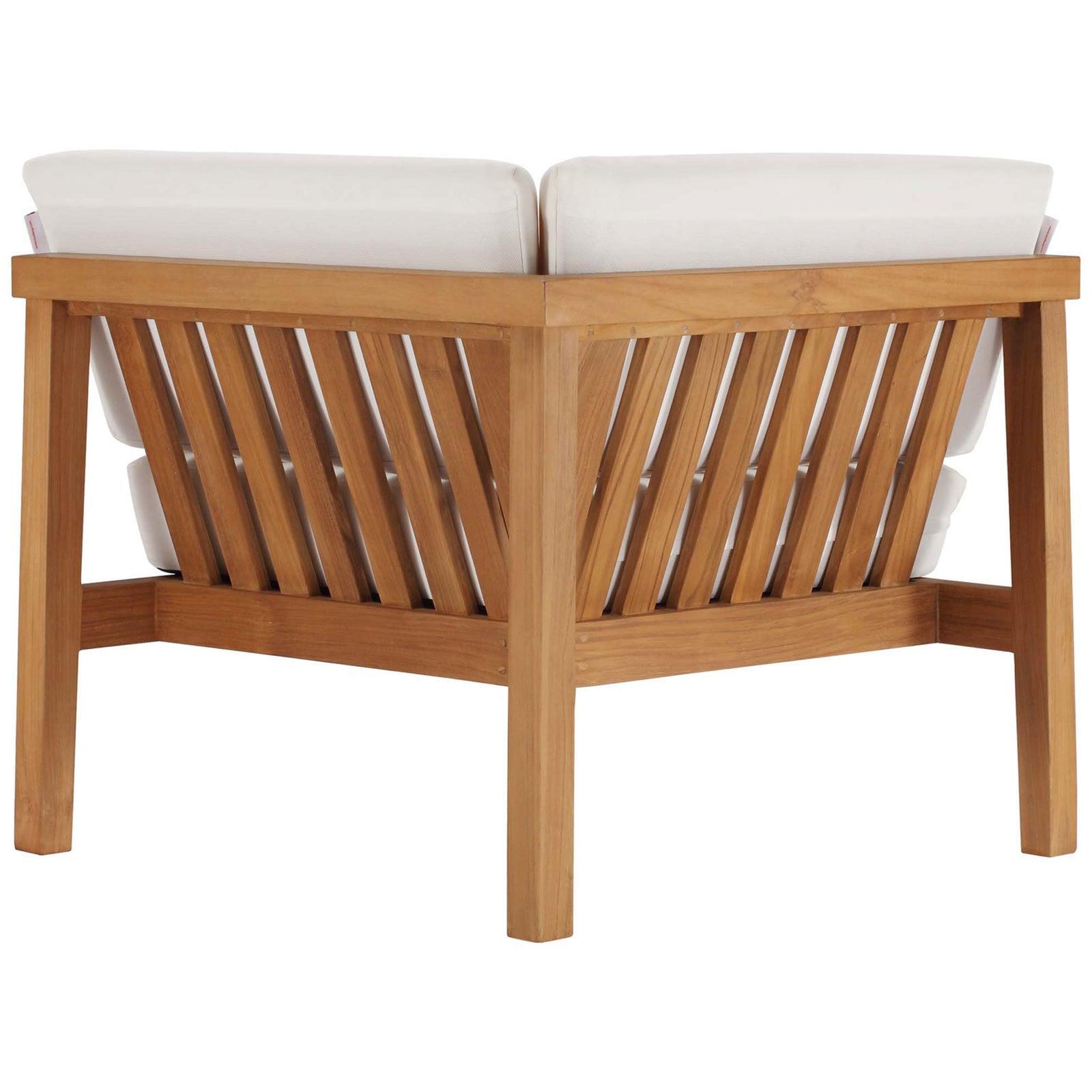 Back view of teak corner seat with modern slatted design and crisp white cushions || EEI-4258-NAT-WHI-SET || back_partial_studio