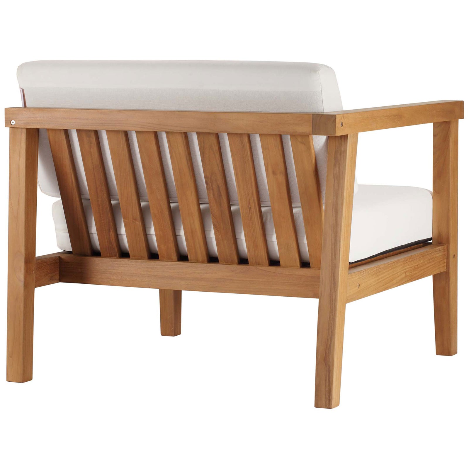 Angled back view of left-arm module showcasing vertical teak slats and tailored cushions || EEI-4258-NAT-WHI-SET || back_angle_partial_studio
