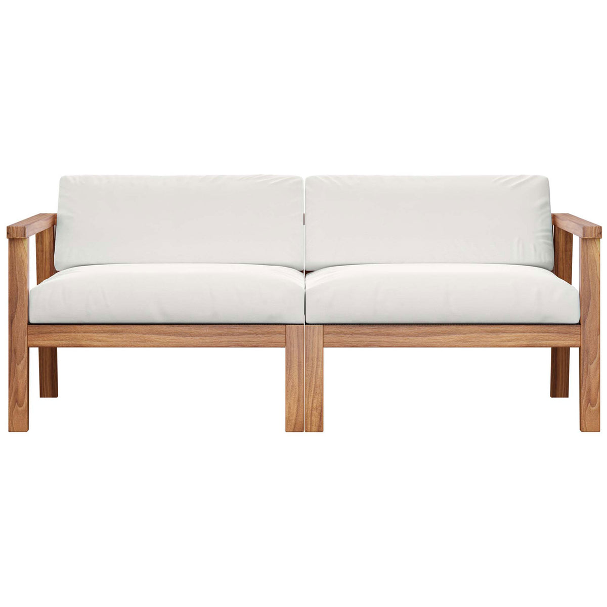 Two-seater Bayport loveseat with thick white seat and back cushions on a solid teak wood base || EEI-4259-NAT-WHI-SET || front_studio
