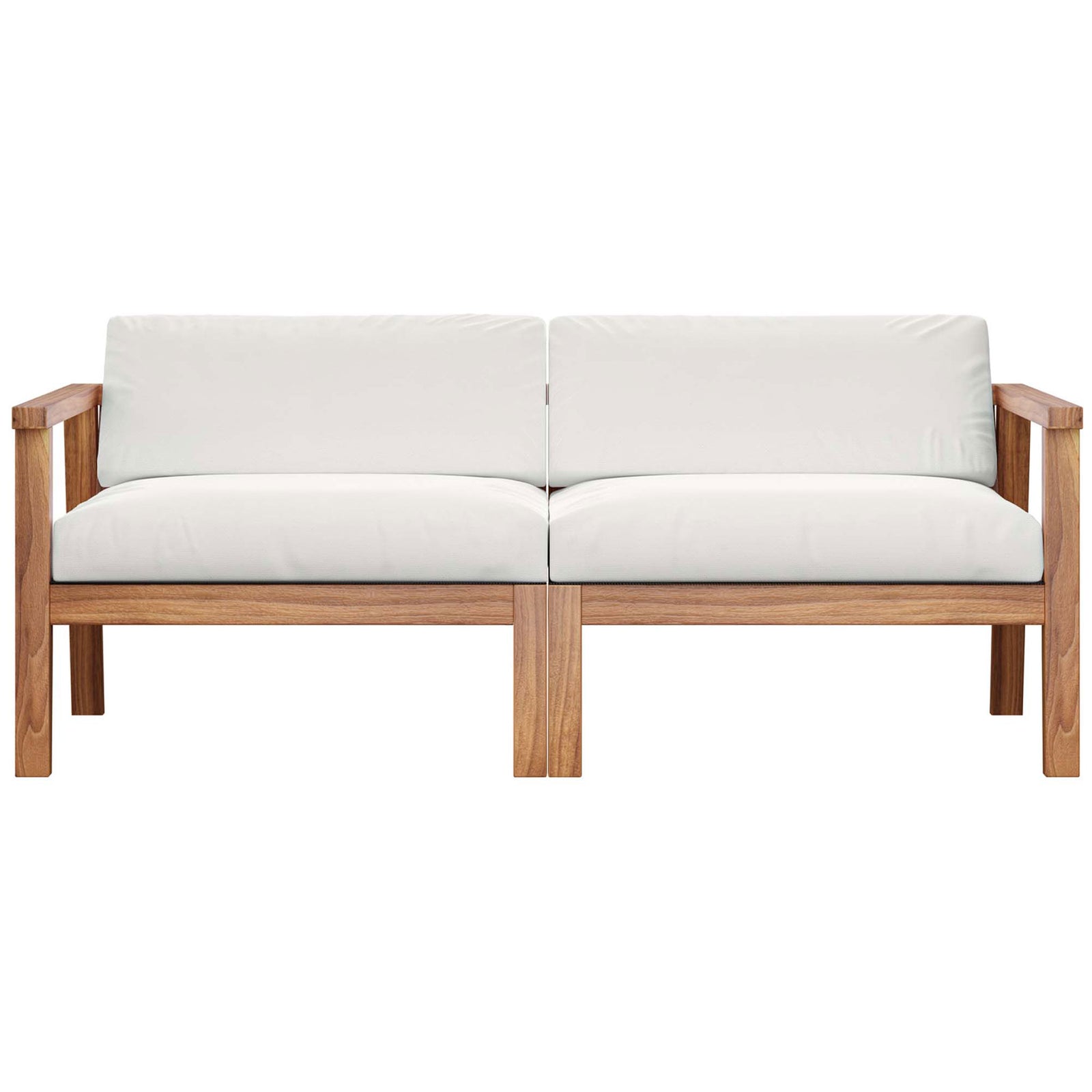 Two-seater Bayport loveseat with thick white seat and back cushions on a solid teak wood base || EEI-4259-NAT-WHI-SET || front_studio