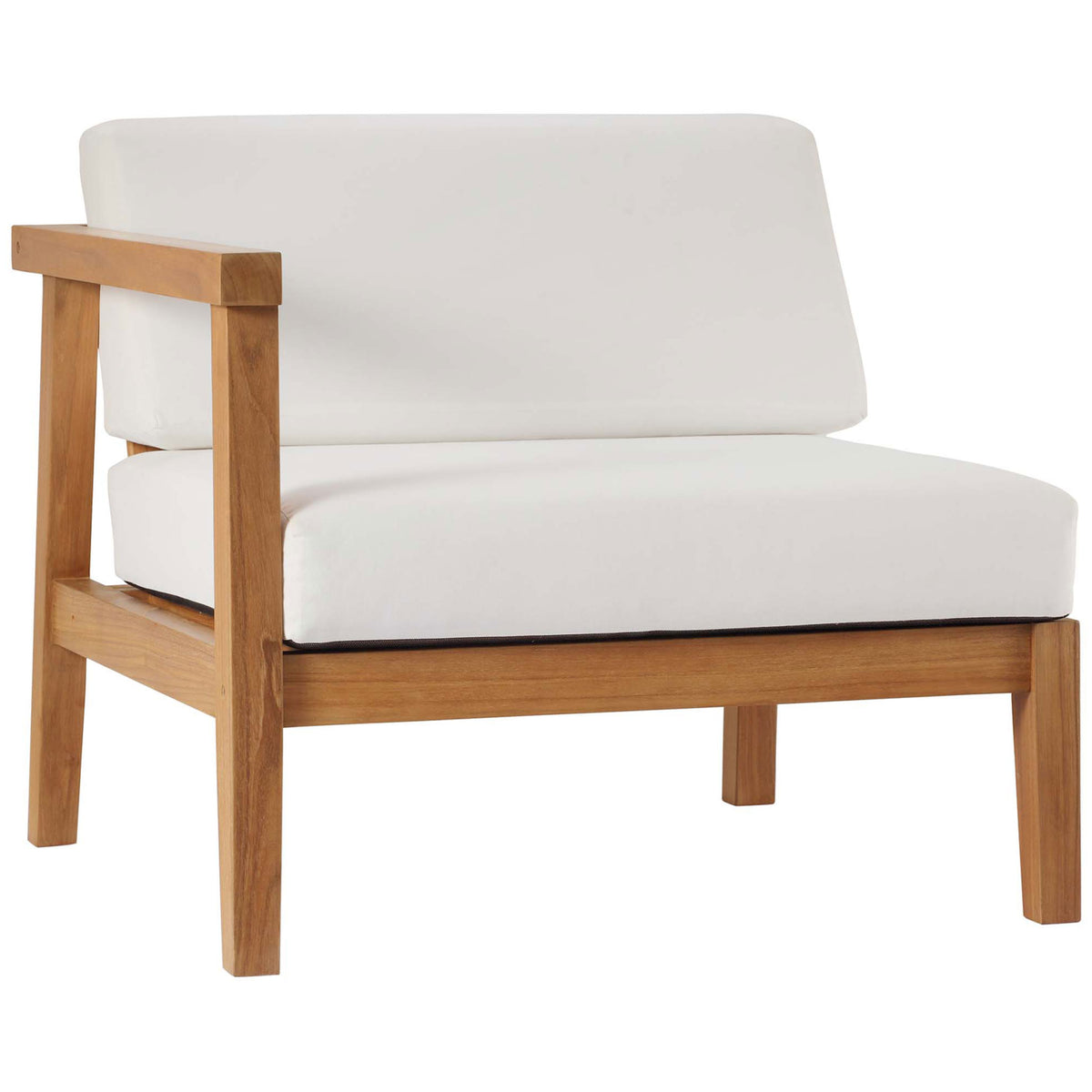 Teak outdoor lounge chair module with open-frame arms and thick white cushions from the Bayport collection || EEI-4259-NAT-WHI-SET || front_angle_partial_studio