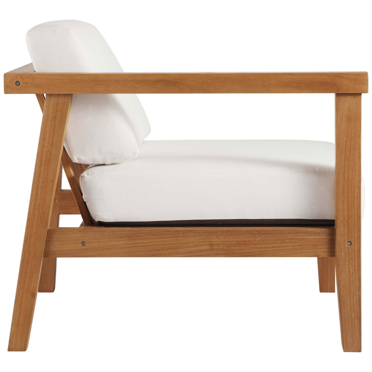 Teak outdoor chair highlighting slanted backrest, straight arms, and supportive white cushions || EEI-4259-NAT-WHI-SET || side_partial_studio