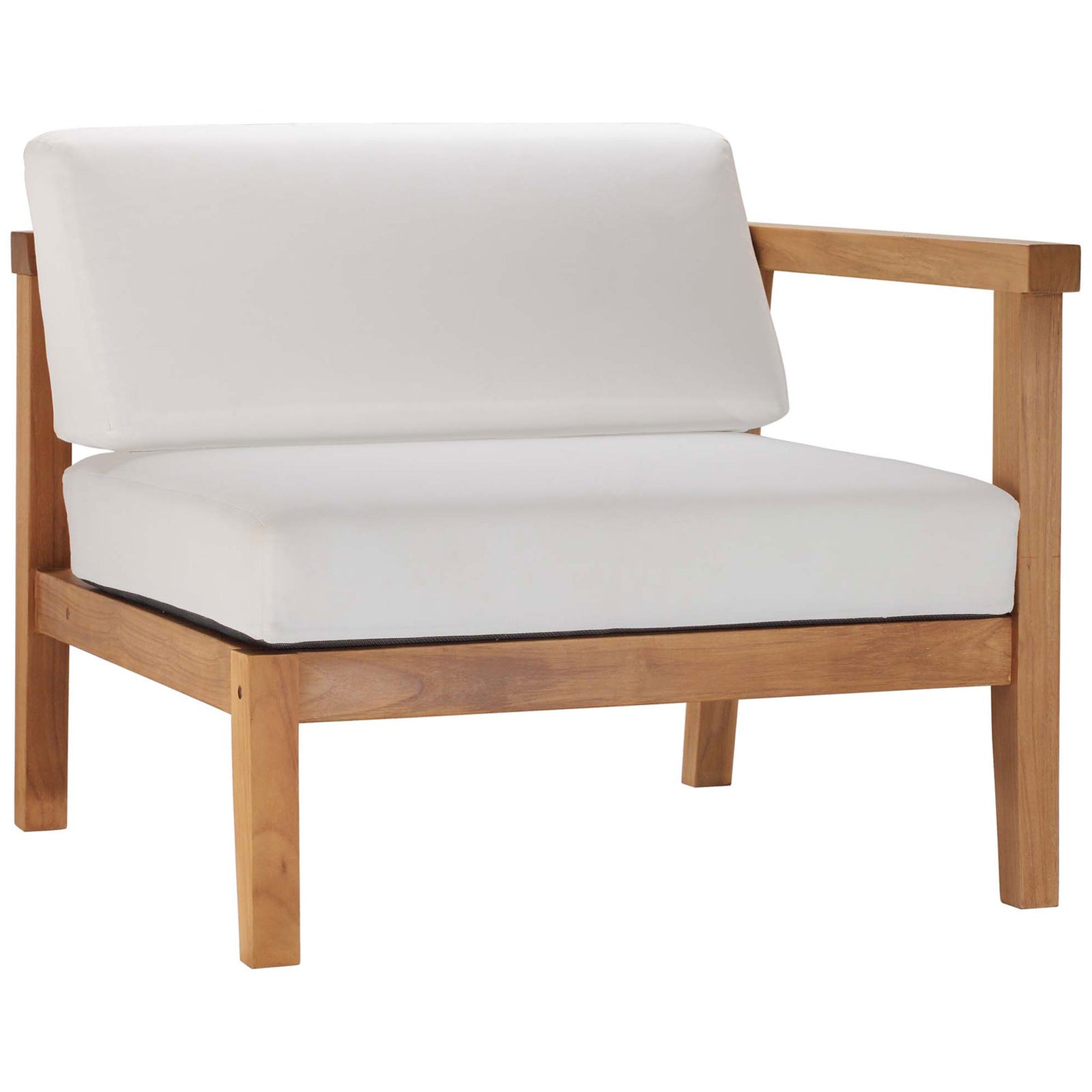Teak patio chair module with natural wood frame, linear arms, and soft white cushions || EEI-4259-NAT-WHI-SET || front_angle_partial_studio