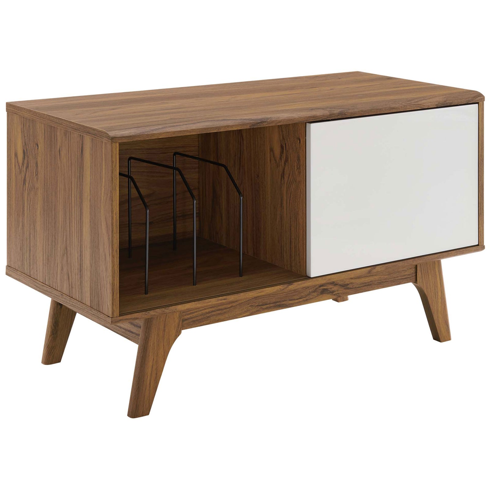 Walnut record display stand with white sliding door and metal dividers organizing stored vinyl || EEI-4261-WAL-WHI || front_angle_studio