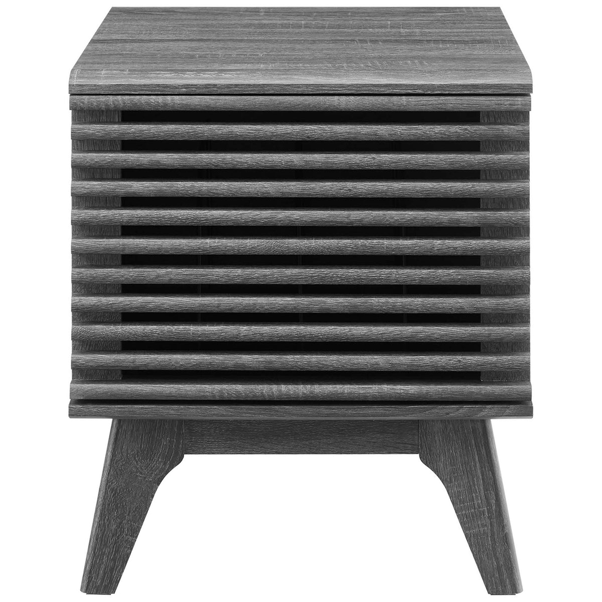 Compact mid-century record cabinet with slatted front and elevated base to keep albums neatly organized. || EEI-4262-CHA || front_studio