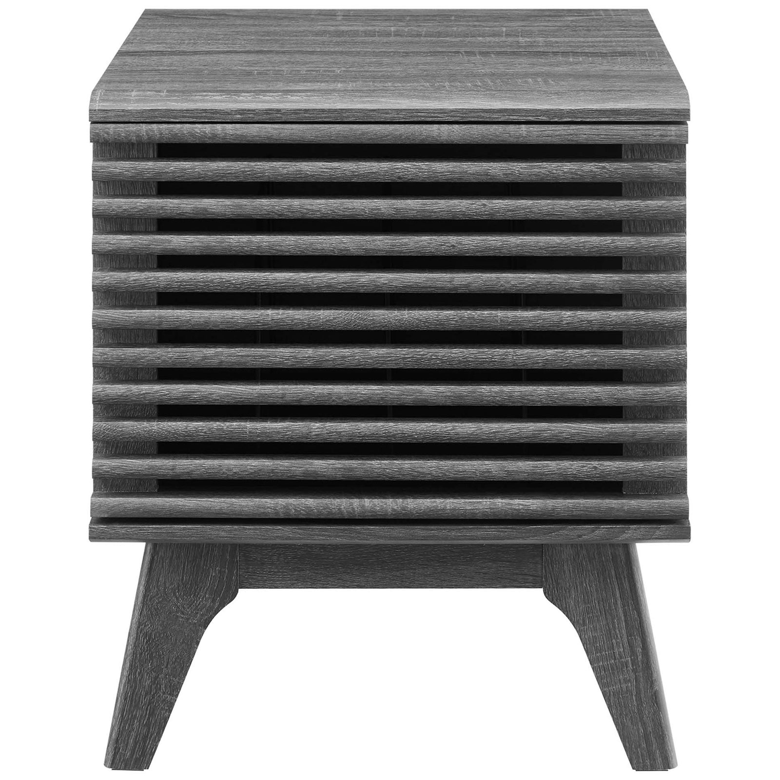 Compact mid-century record cabinet with slatted front and elevated base to keep albums neatly organized. || EEI-4262-CHA || front_studio