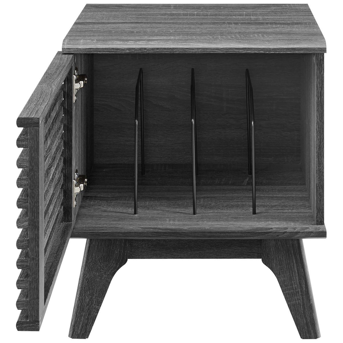 Interior record storage with metal dividers and hinged slatted door for easy access to favorite albums. || EEI-4262-CHA || front_open_studio
