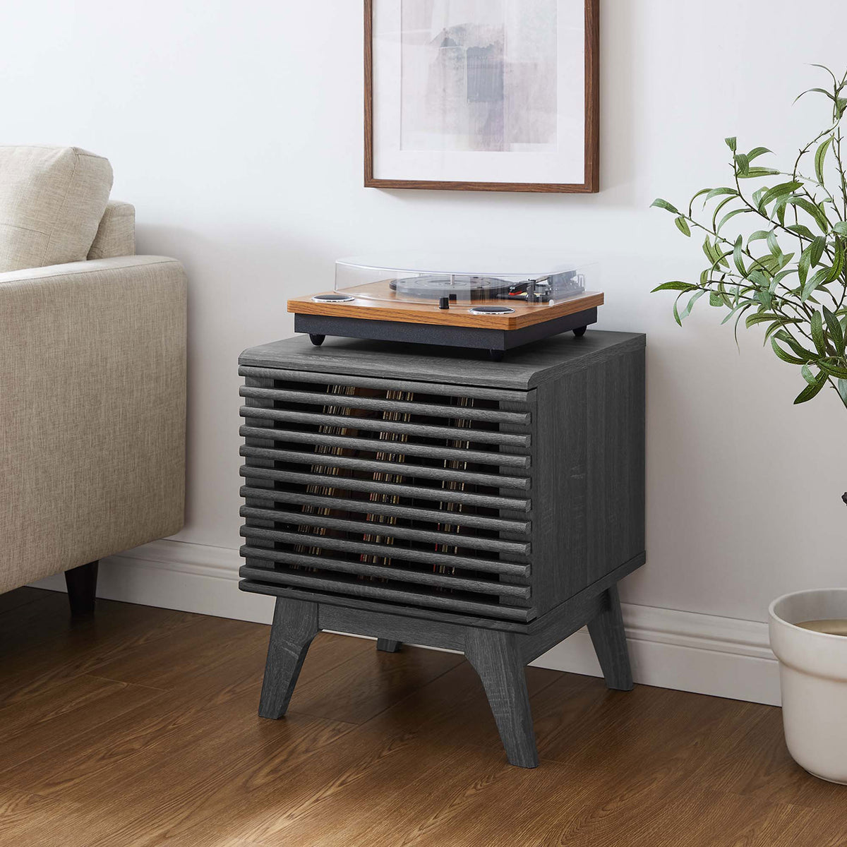 Charcoal record cabinet anchors the living room with warm wood tones and space-saving vinyl storage. || EEI-4262-CHA || front_angle_room