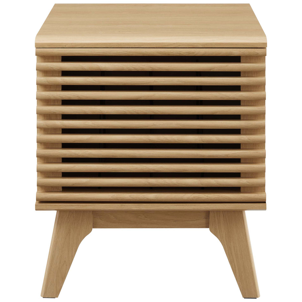 Oak vinyl record stand with horizontal slatted door and compact cube profile || EEI-4262-OAK || front_studio