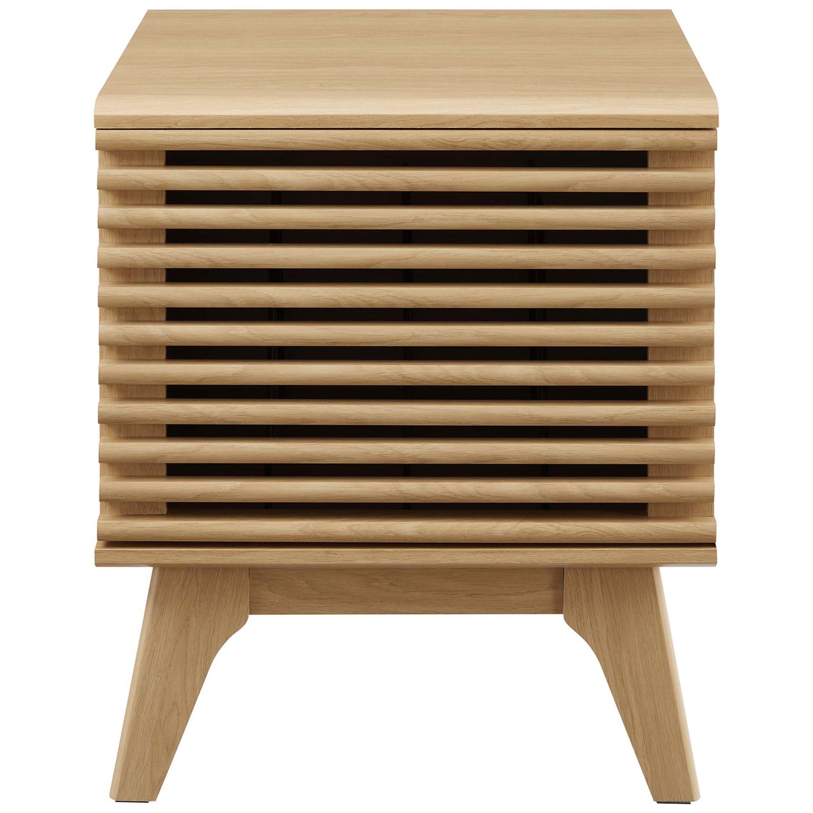 Oak vinyl record stand with horizontal slatted door and compact cube profile || EEI-4262-OAK || front_studio