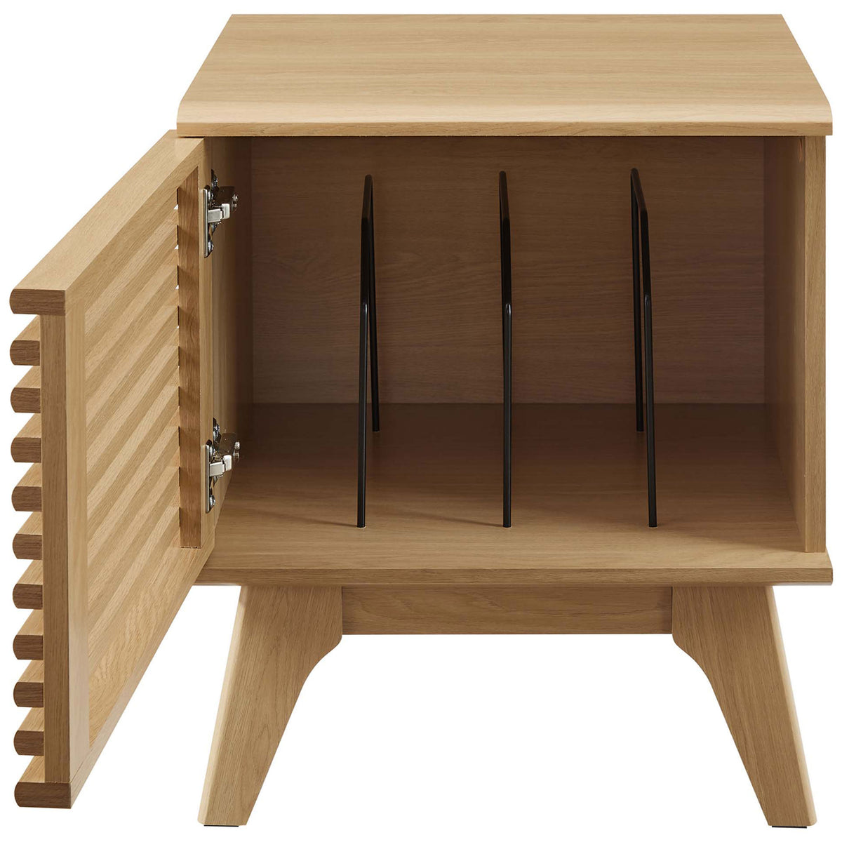 Oak record stand with slatted door open to reveal vinyl storage and metal dividers || EEI-4262-OAK || front_open_studio