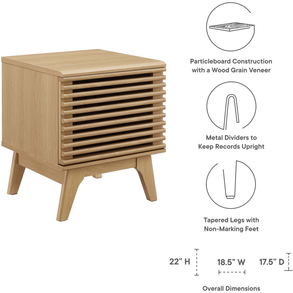 Oak vinyl record stand with icons showing construction, dividers, legs, and overall dimensions || EEI-4262-OAK || dimension_studio