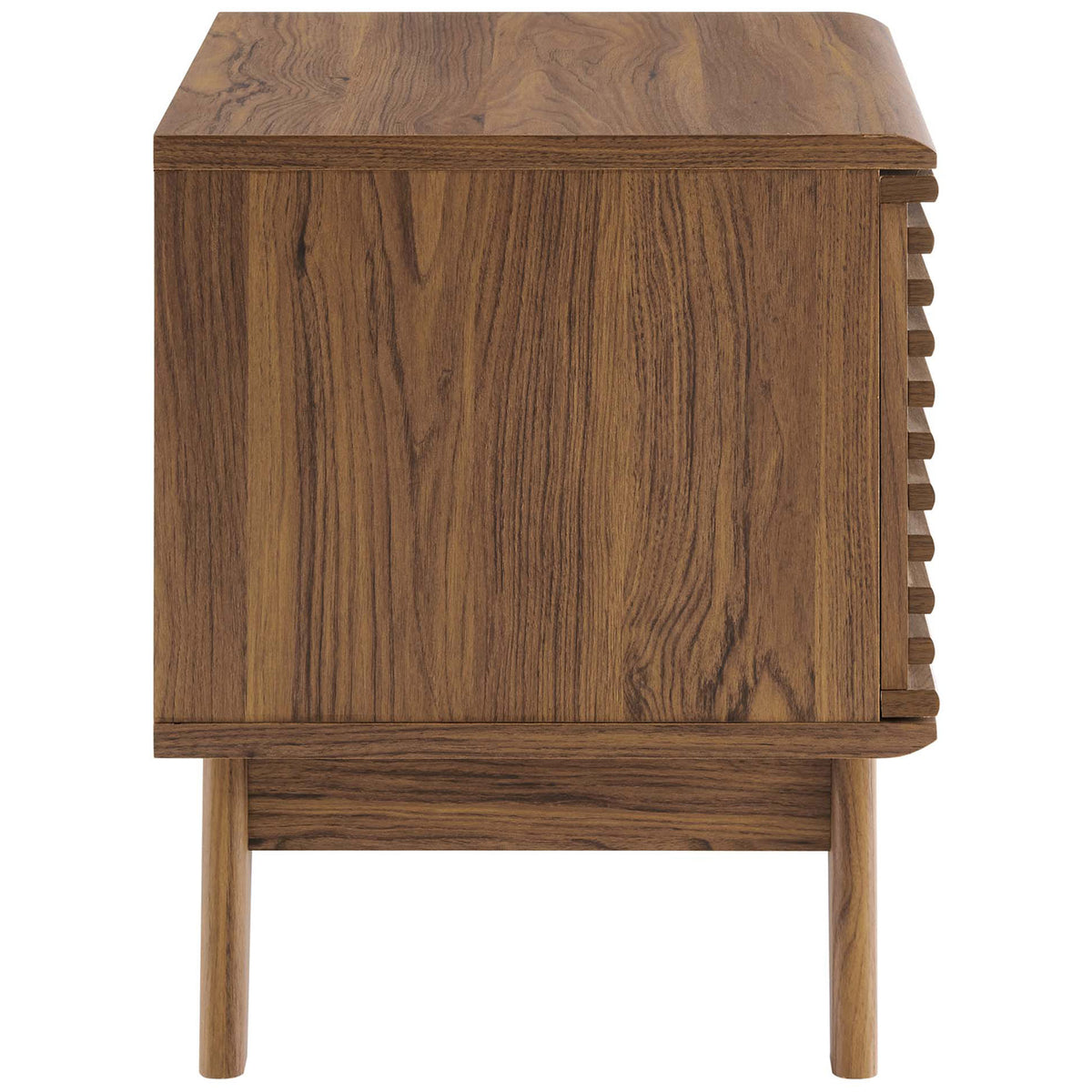 Smooth walnut side profile highlights clean lines and tapered legs of the record stand || EEI-4262-WAL || side_studio