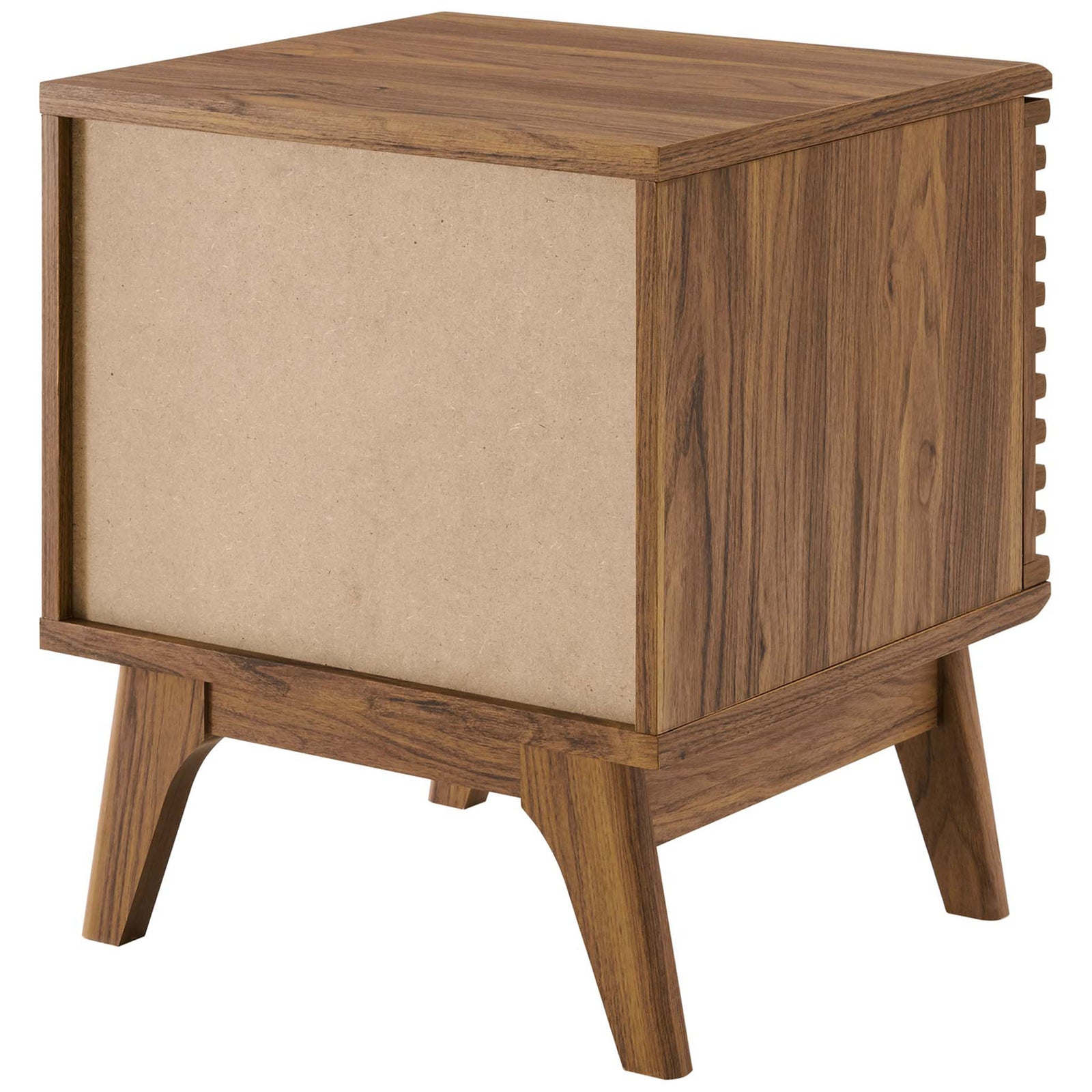 Rear view of walnut record stand showing sturdy panel construction and warm wood grain || EEI-4262-WAL || back_studio