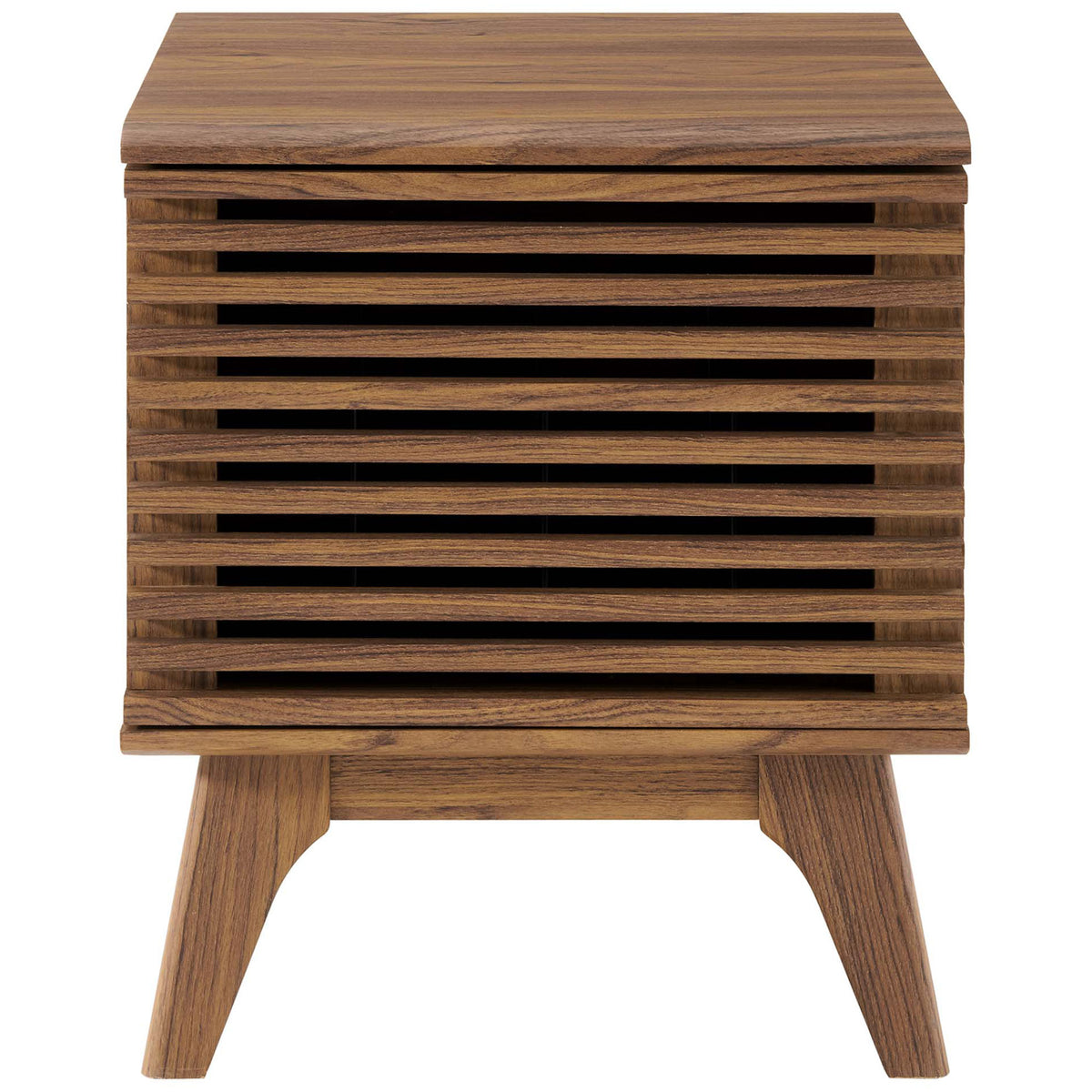 Walnut record stand with slatted door and tapered legs for stylish media storage || EEI-4262-WAL || front_studio