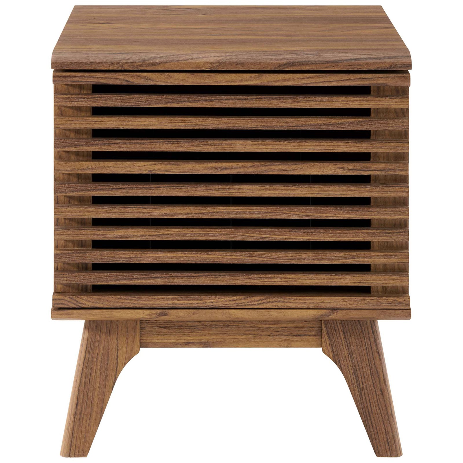 Walnut record stand with slatted door and tapered legs for stylish media storage || EEI-4262-WAL || front_studio