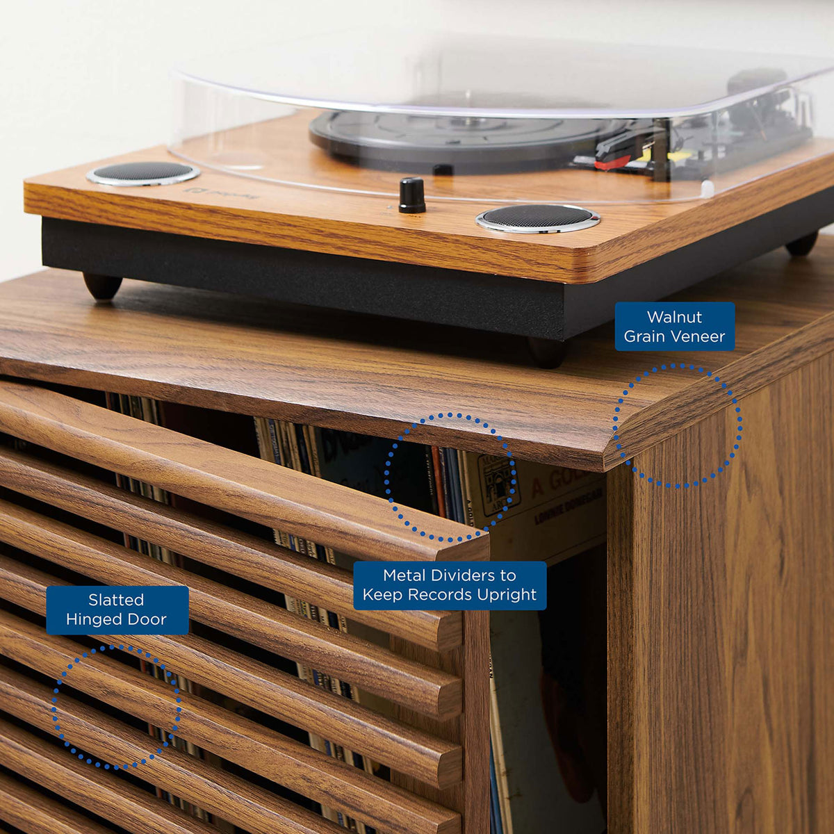 Record stand in use with turntable, highlighting walnut veneer, slatted door, and metal record dividers || EEI-4262-WAL || callout_room