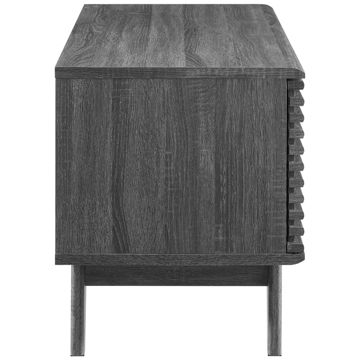 Charcoal record stand in wood grain finish showcasing clean mid-century lines and sturdy side panel. || EEI-4263-CHA || side_studio