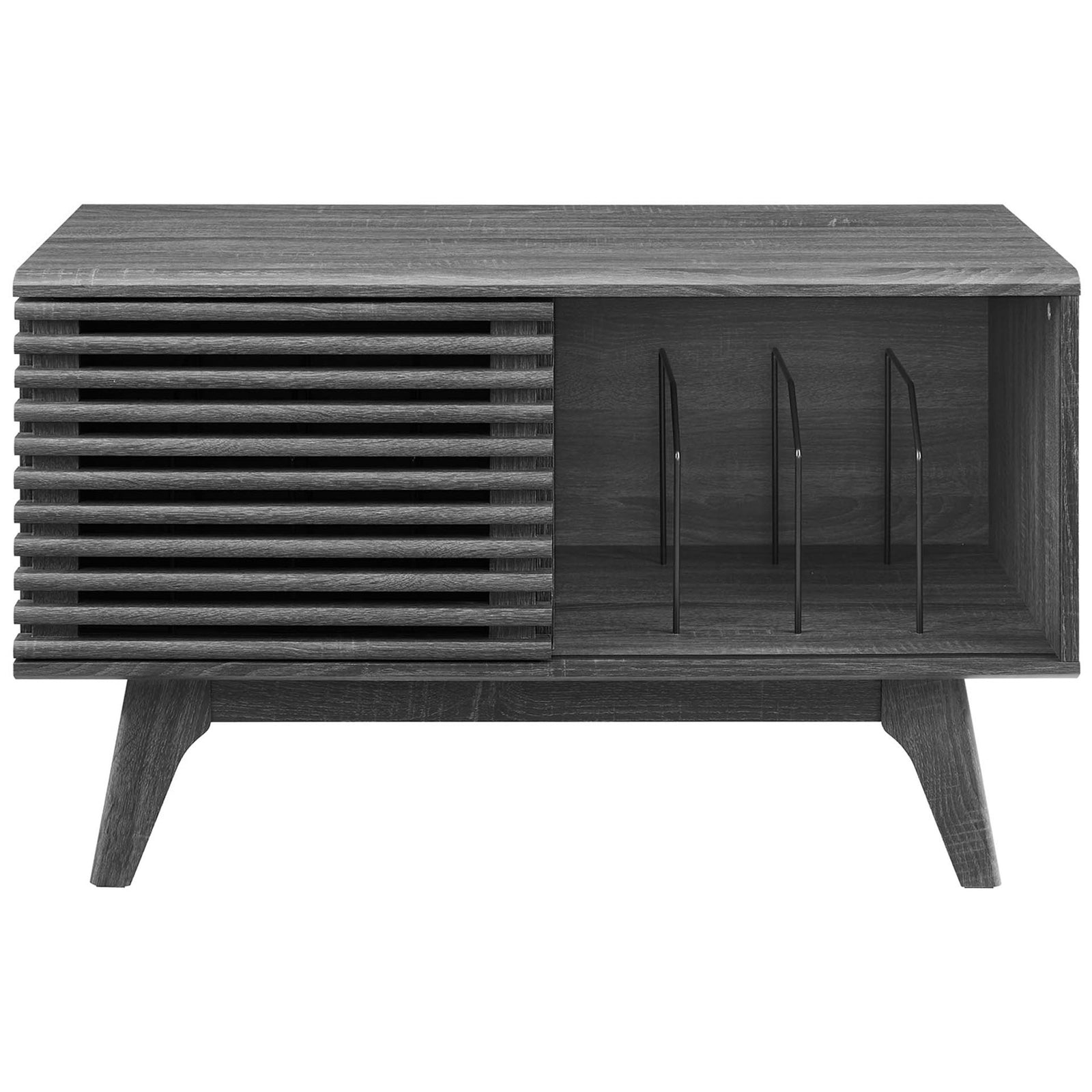 Charcoal record stand with slatted door and open shelf with metal dividers for upright vinyl storage. || EEI-4263-CHA || front_open_studio
