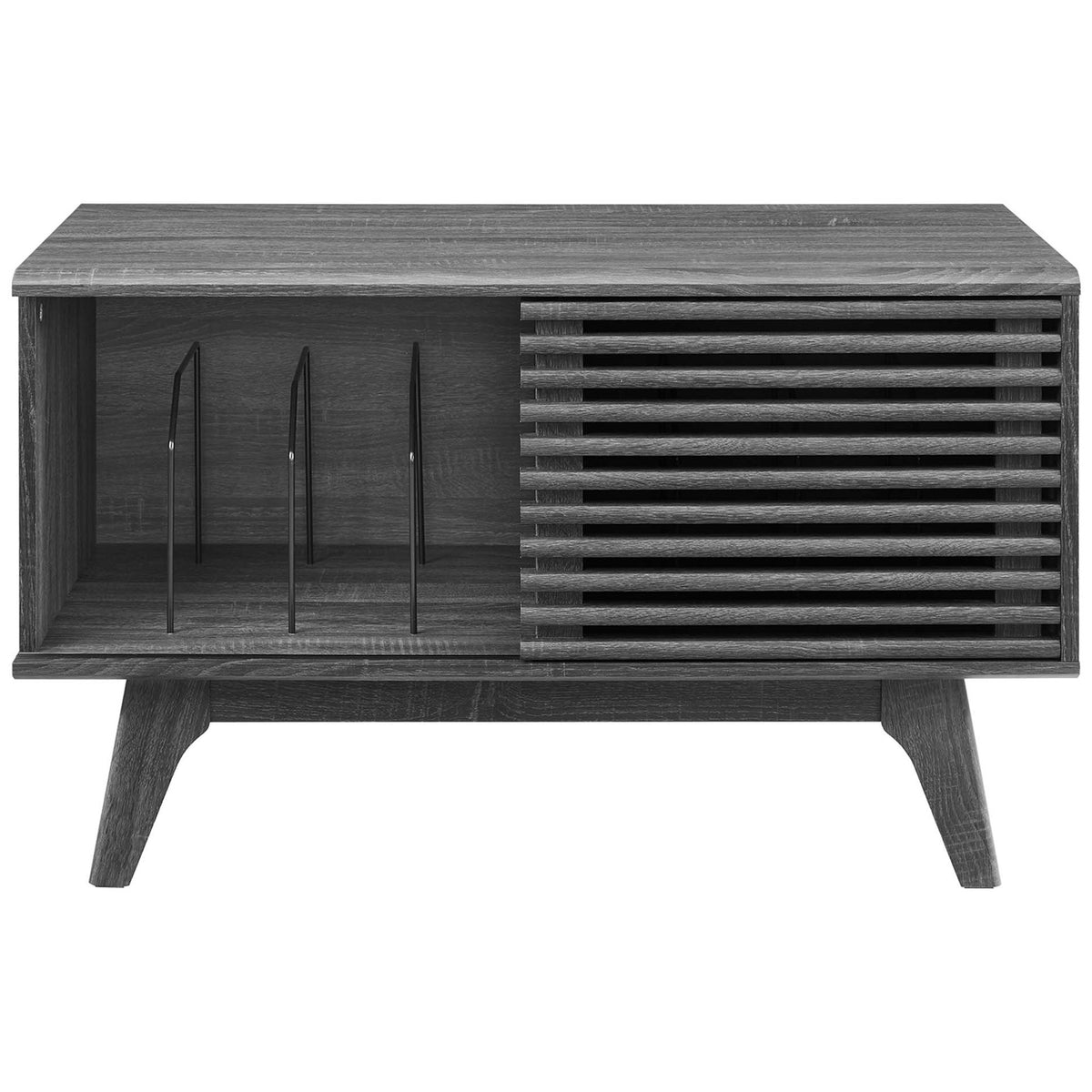 Charcoal record stand showing sliding slatted door and spacious compartment for albums and media. || EEI-4263-CHA || front_open_studio