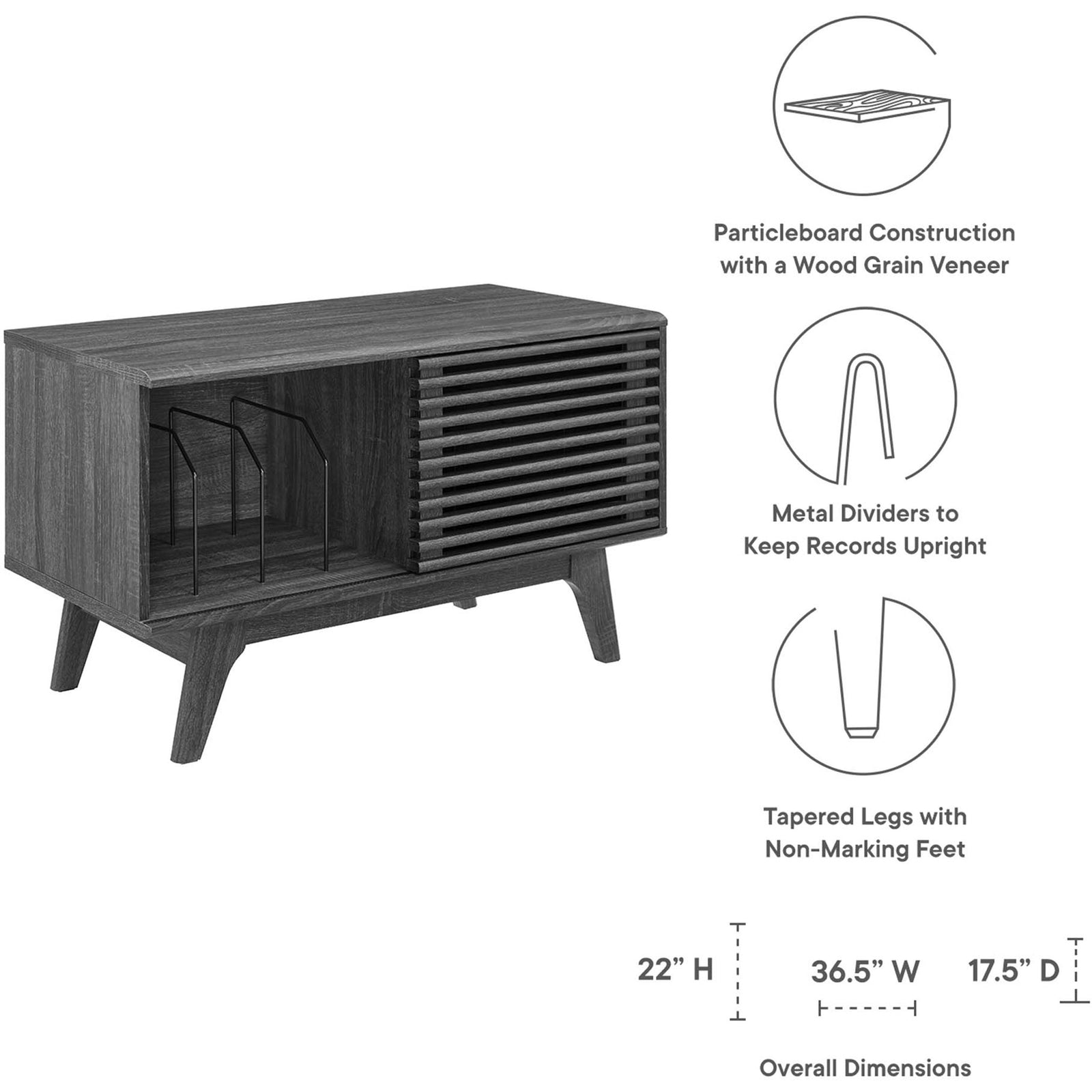 Charcoal record stand with particleboard wood grain, metal dividers, tapered legs, and overall dimensions listed. || EEI-4263-CHA || dimension_studio