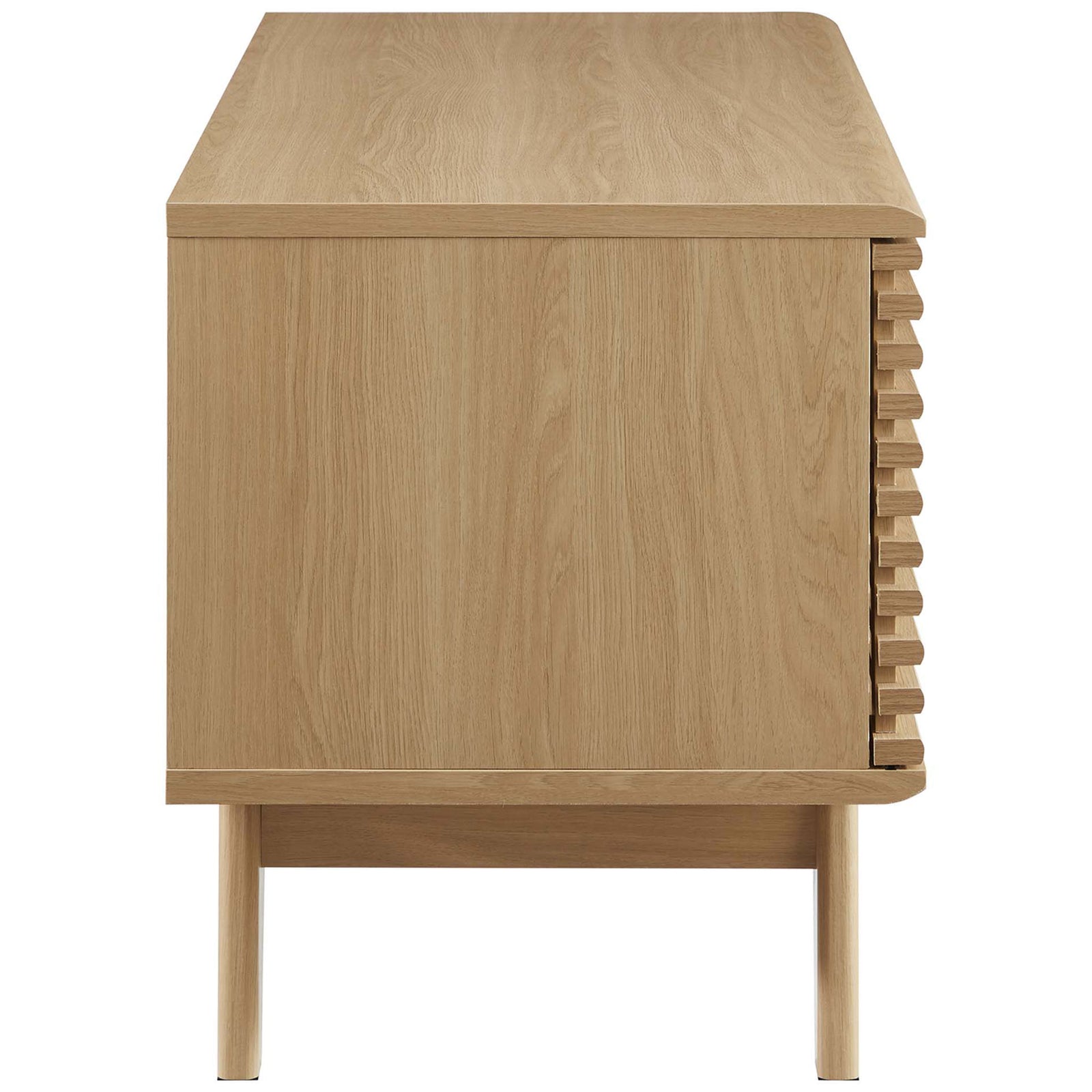 Oak record stand in warm wood grain finish emphasizing slim profile and clean mid-century lines. || EEI-4263-OAK || side_studio