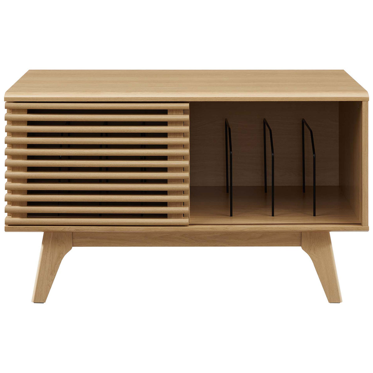 Oak record stand with slatted door and open shelf with metal dividers to organize a vinyl collection. || EEI-4263-OAK || front_open_studio