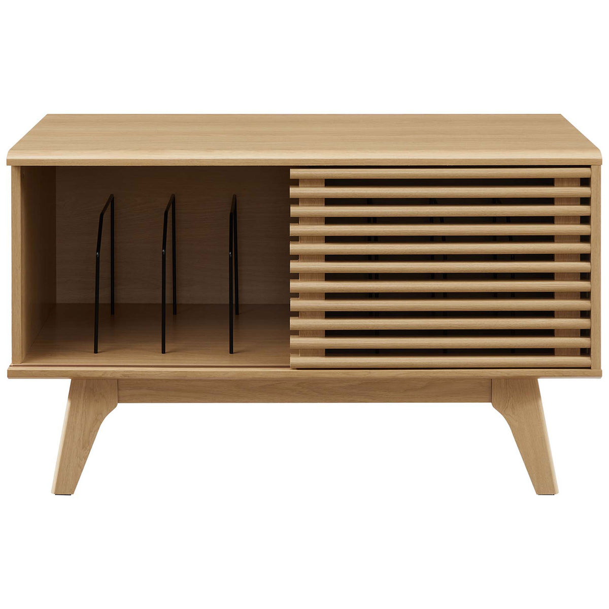 Oak record stand highlighting sliding slatted door and roomy compartment for storing albums and gear. || EEI-4263-OAK || front_open_studio