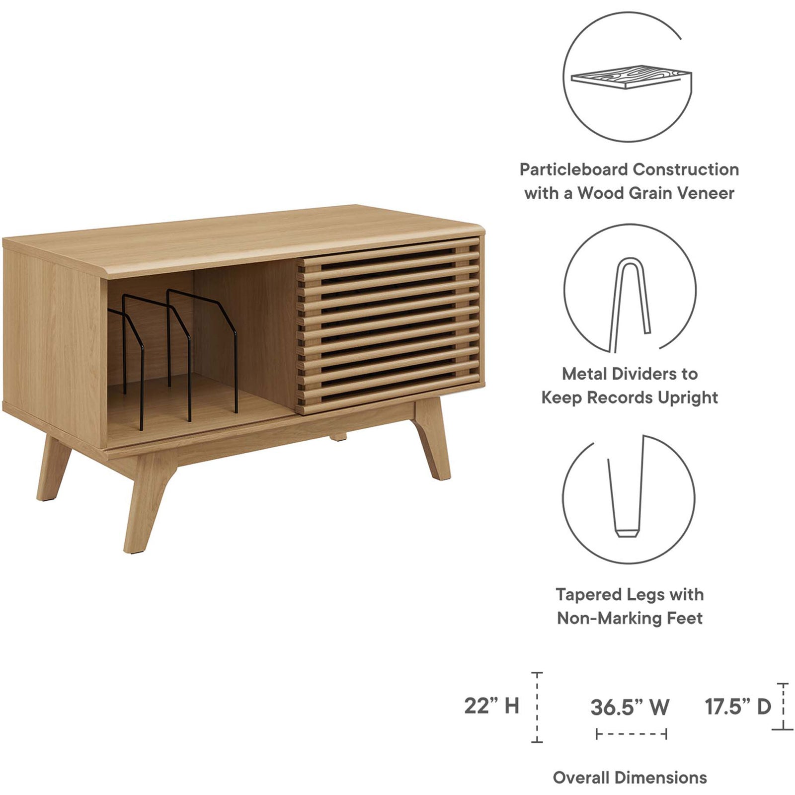 Oak record stand with particleboard wood grain, metal dividers, tapered legs, and overall measurements shown. || EEI-4263-OAK || dimension_studio