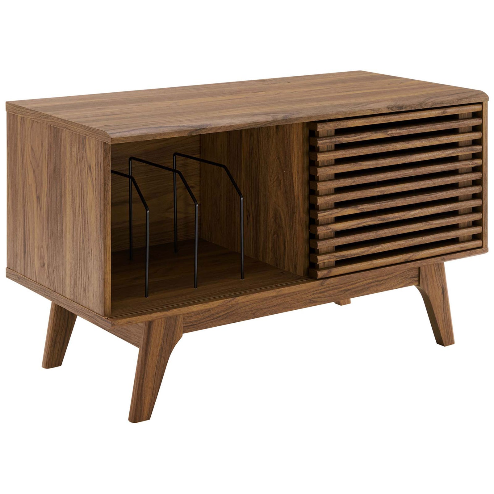 Walnut vinyl record stand with tapered legs, slatted door, and open display space for cherished LPs. || EEI-4263-WAL || front_angle_open_studio