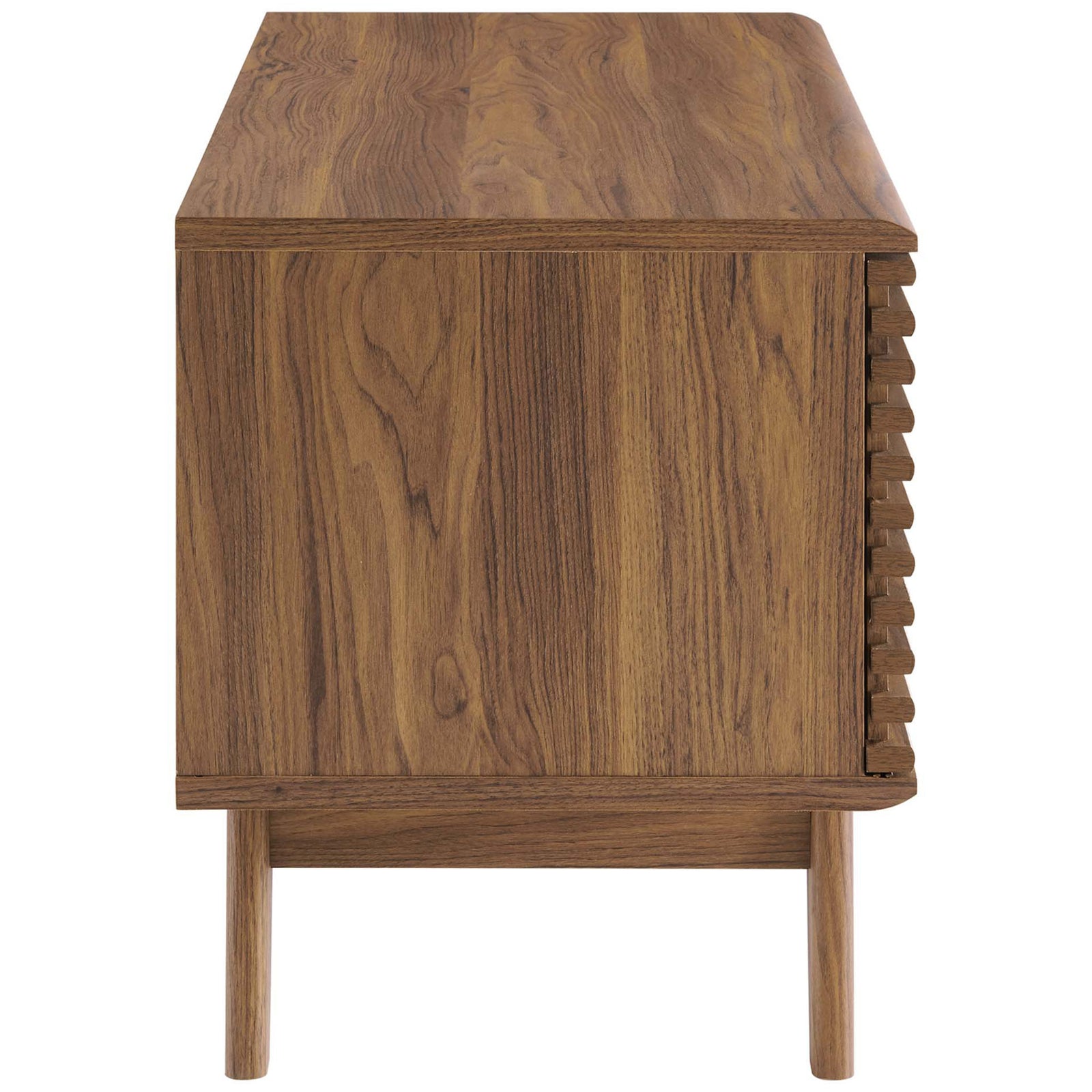 Walnut record stand in rich wood grain finish emphasizing clean profile and warm mid-century style. || EEI-4263-WAL || side_studio
