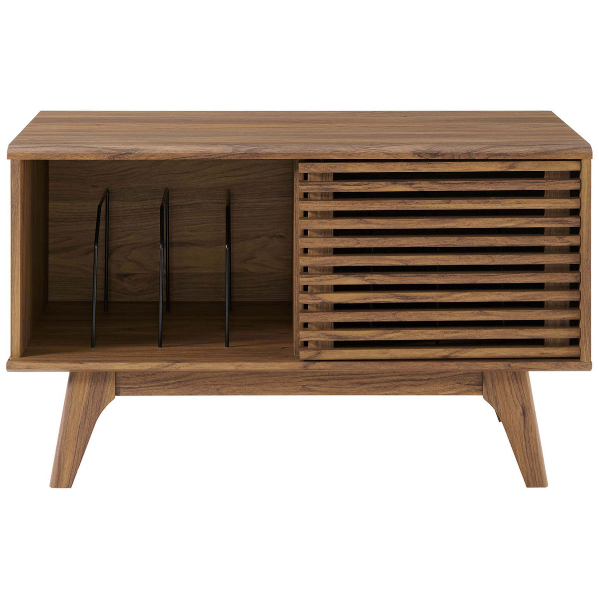 Walnut record stand with slatted door and open shelf featuring metal dividers for organizing vinyl. || EEI-4263-WAL || front_open_studio