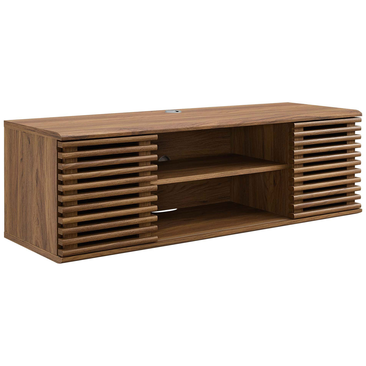 Angled view of the walnut wall-mount console highlighting its slatted doors and floating profile. || EEI-4266-WAL || front_angle_studio