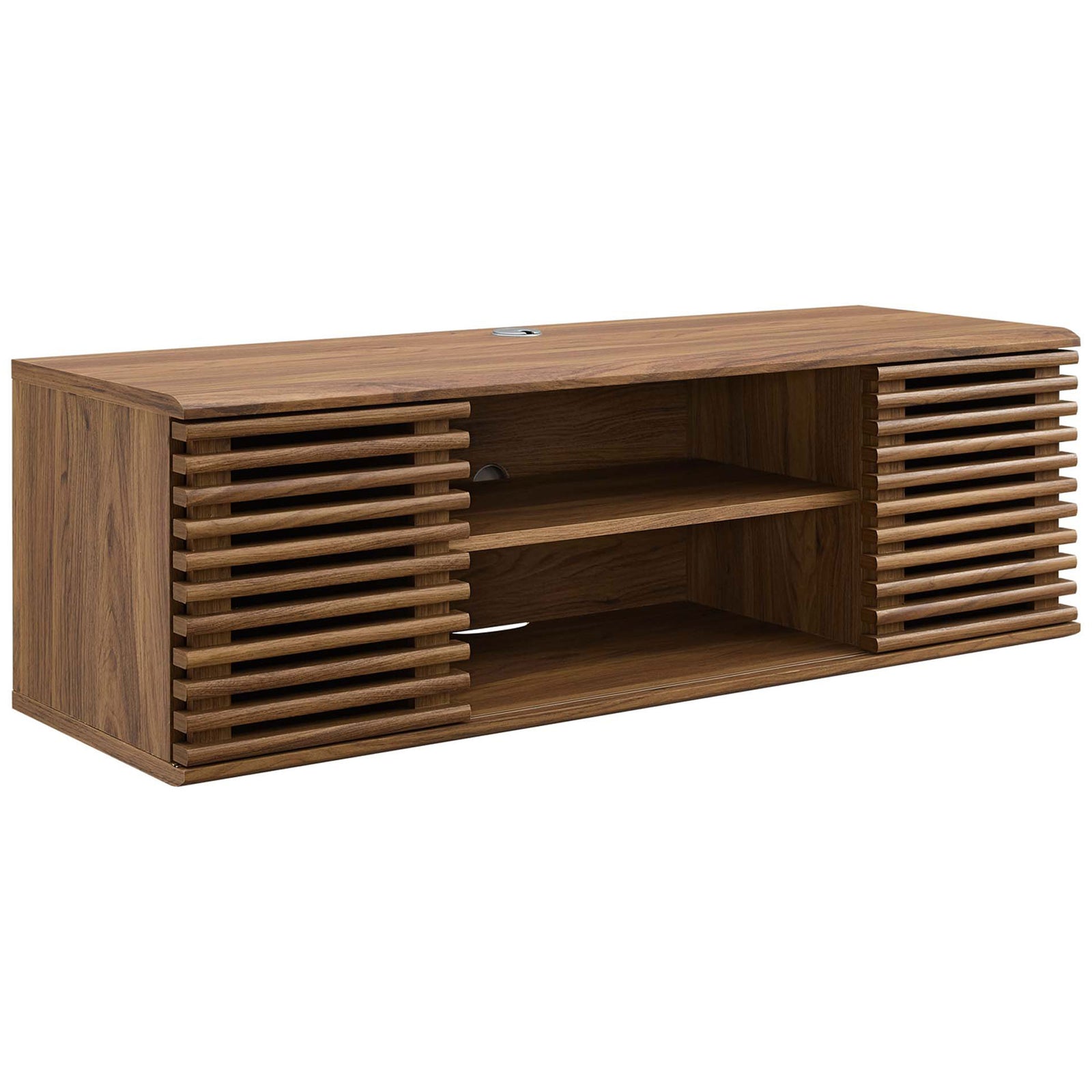 Angled view of the walnut wall-mount console highlighting its slatted doors and floating profile. || EEI-4266-WAL || front_angle_studio