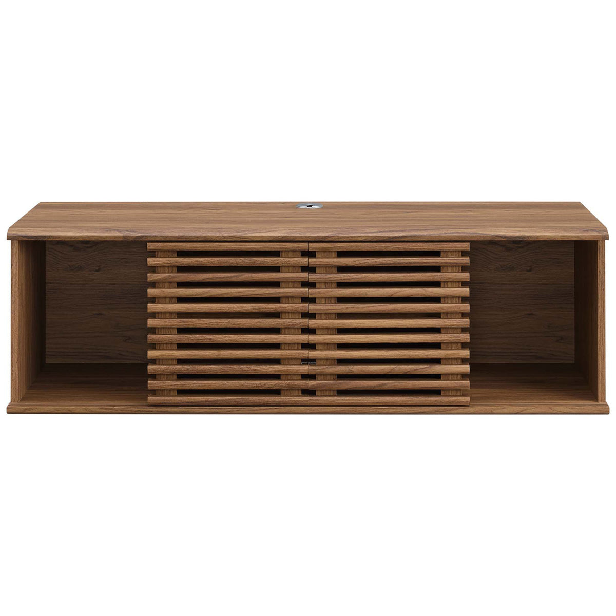 Mid-century walnut TV stand with sliding slatted doors positioned to reveal open side cubbies. || EEI-4266-WAL || front_studio