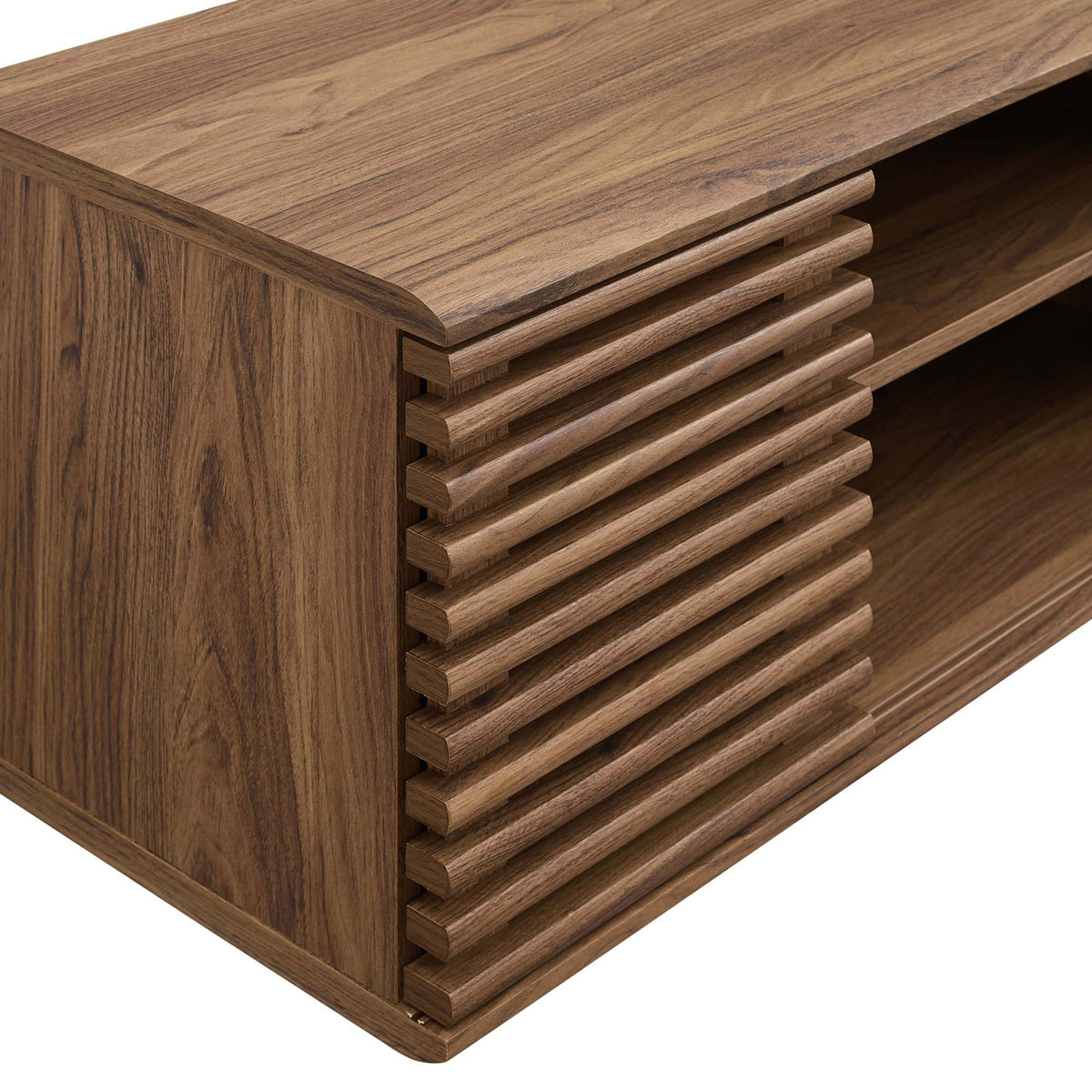 Close-up of the walnut finish and slatted door detailing on the Render wall-mounted media console. || EEI-4266-WAL || detail_studio