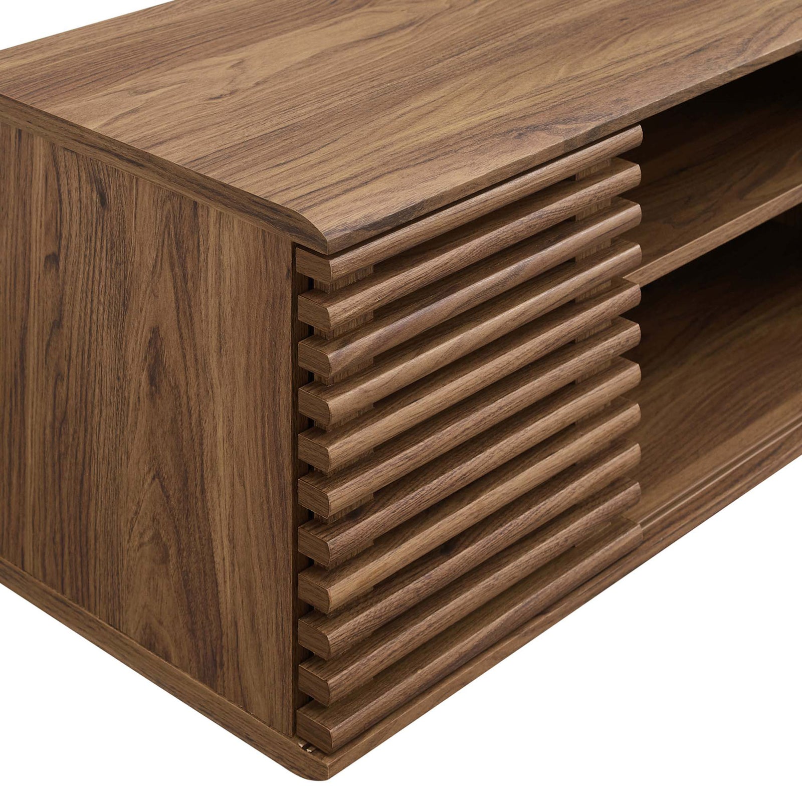 Close-up of the walnut finish and slatted door detailing on the Render wall-mounted media console. || EEI-4266-WAL || detail_studio