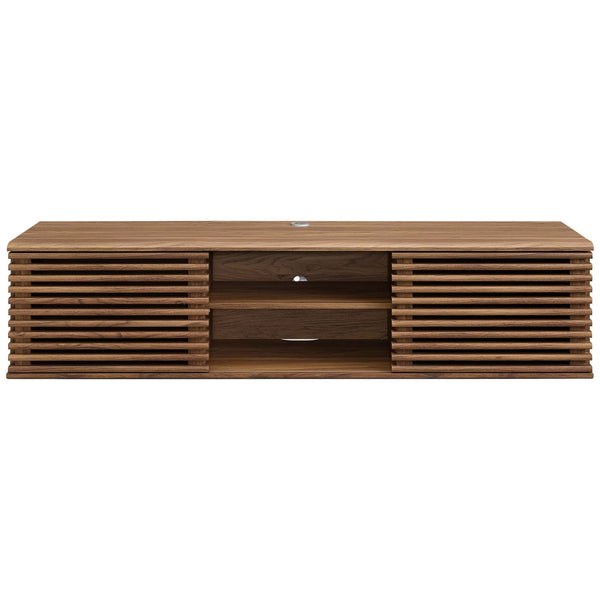 Walnut 60 inch wall-mounted media console with slatted sliding doors and spacious center shelving. || EEI-4267-WAL || front_studio