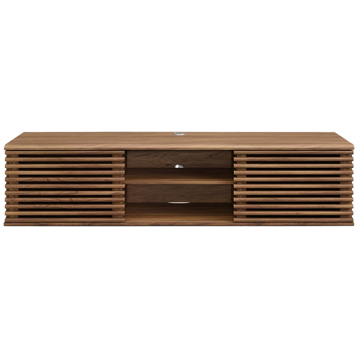 Walnut 60 inch wall-mounted media console with slatted sliding doors and spacious center shelving. || EEI-4267-WAL || front_studio