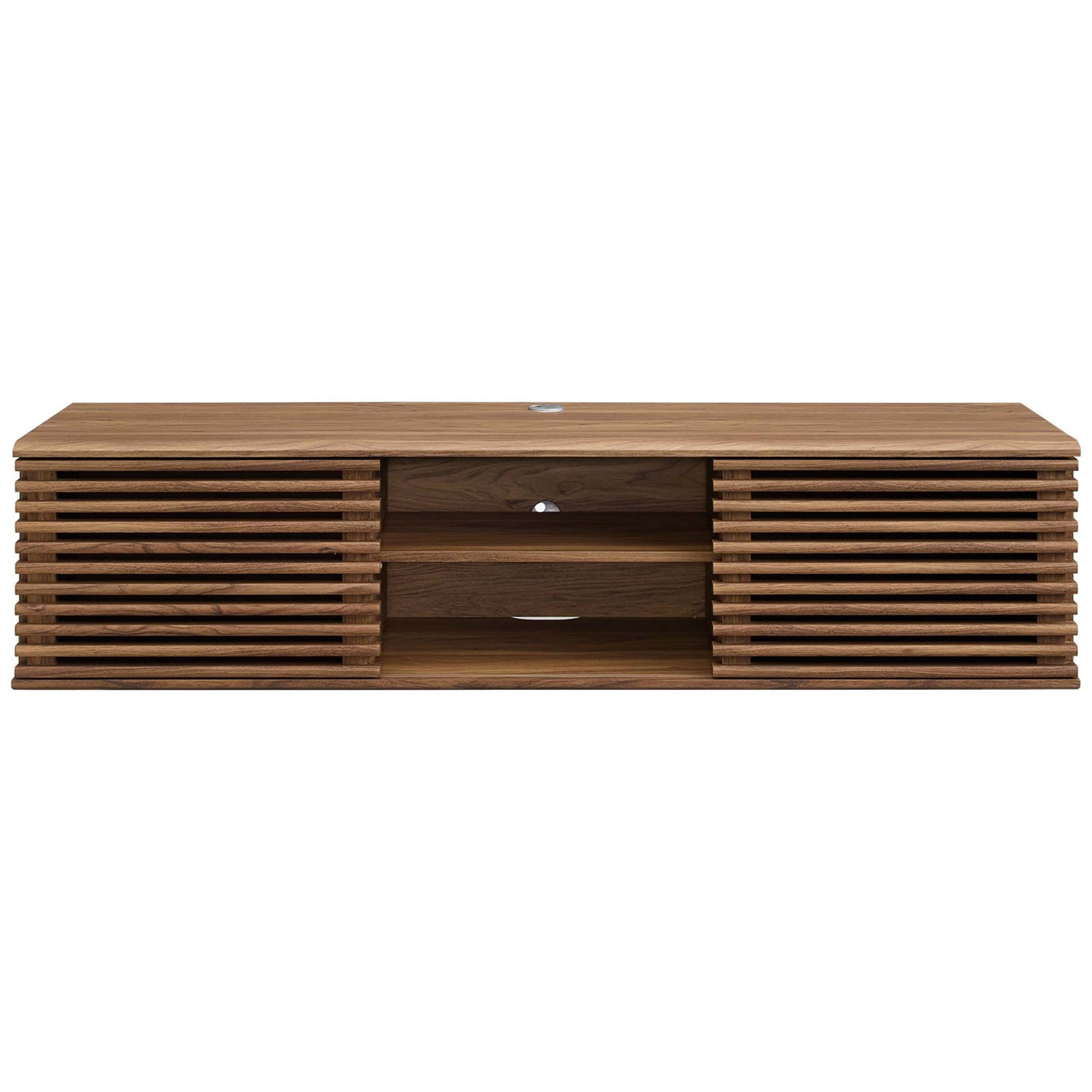 Walnut 60 inch wall-mounted media console with slatted sliding doors and spacious center shelving. || EEI-4267-WAL || front_studio